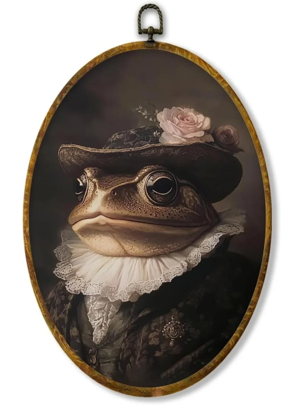 Vintage Frog Oval Wall Art, Dark Academia Floral Canvas Print, Cottagecore